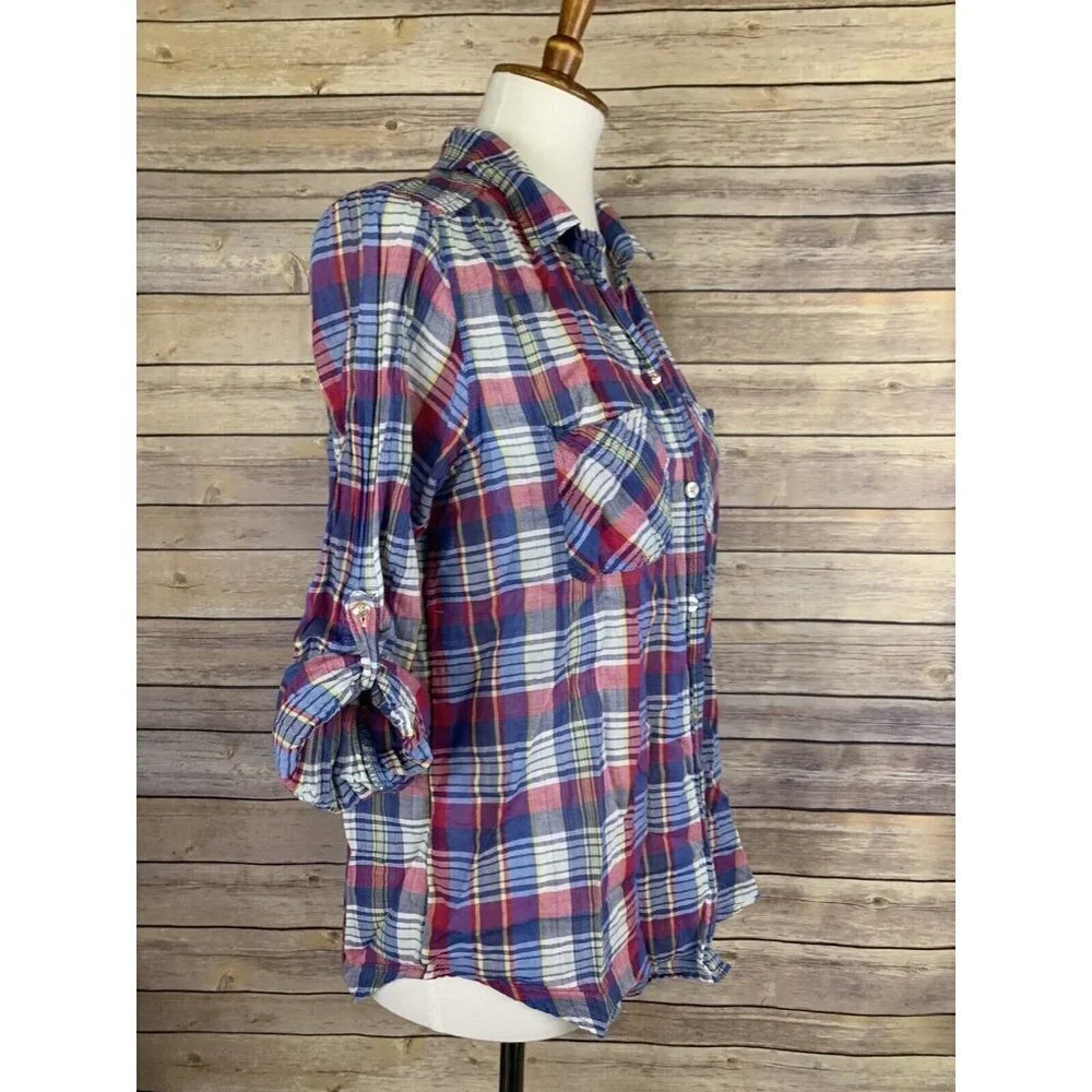 American Eagle Womens M Vintage Boyfriend Plaid Top Button Front Tabbed Sleeves - Picture 8 of 10